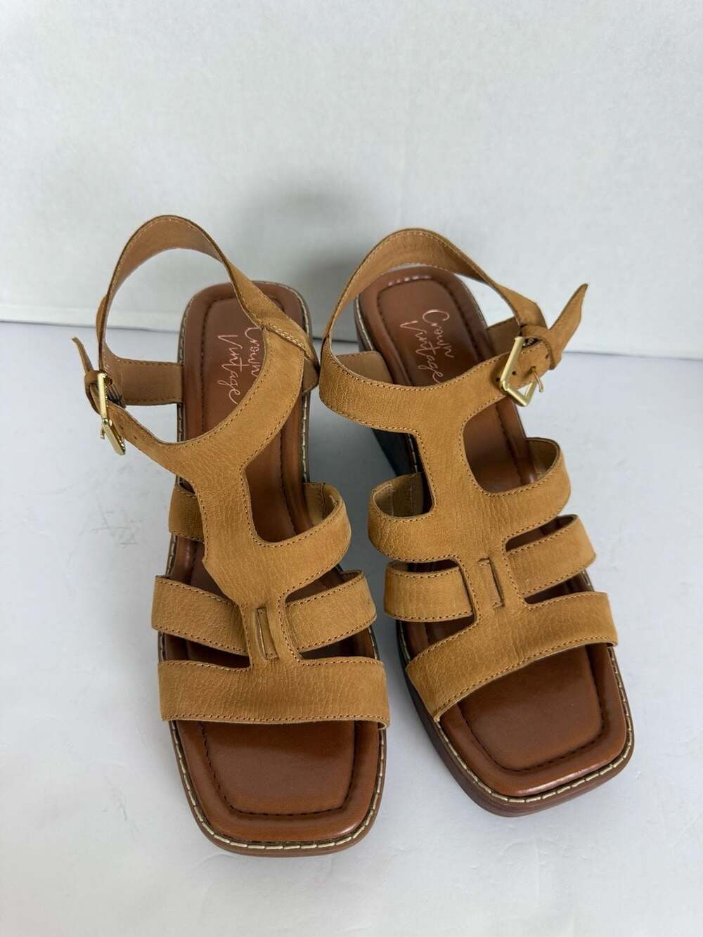 Crown Vintage Tan Leather Square Toe Wedge Sandals Size 7.5M